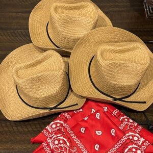Tan Cowboy Hats with Red Bandanas - set of 3 each